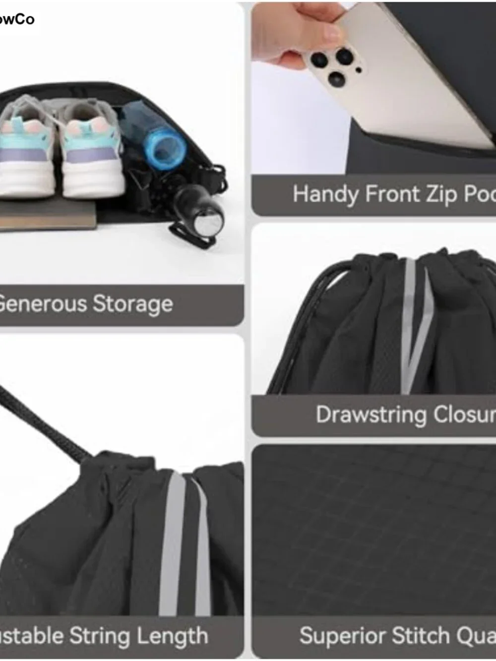Waterproof Drawstring Backpack Gym Bag with Zipper Pocket